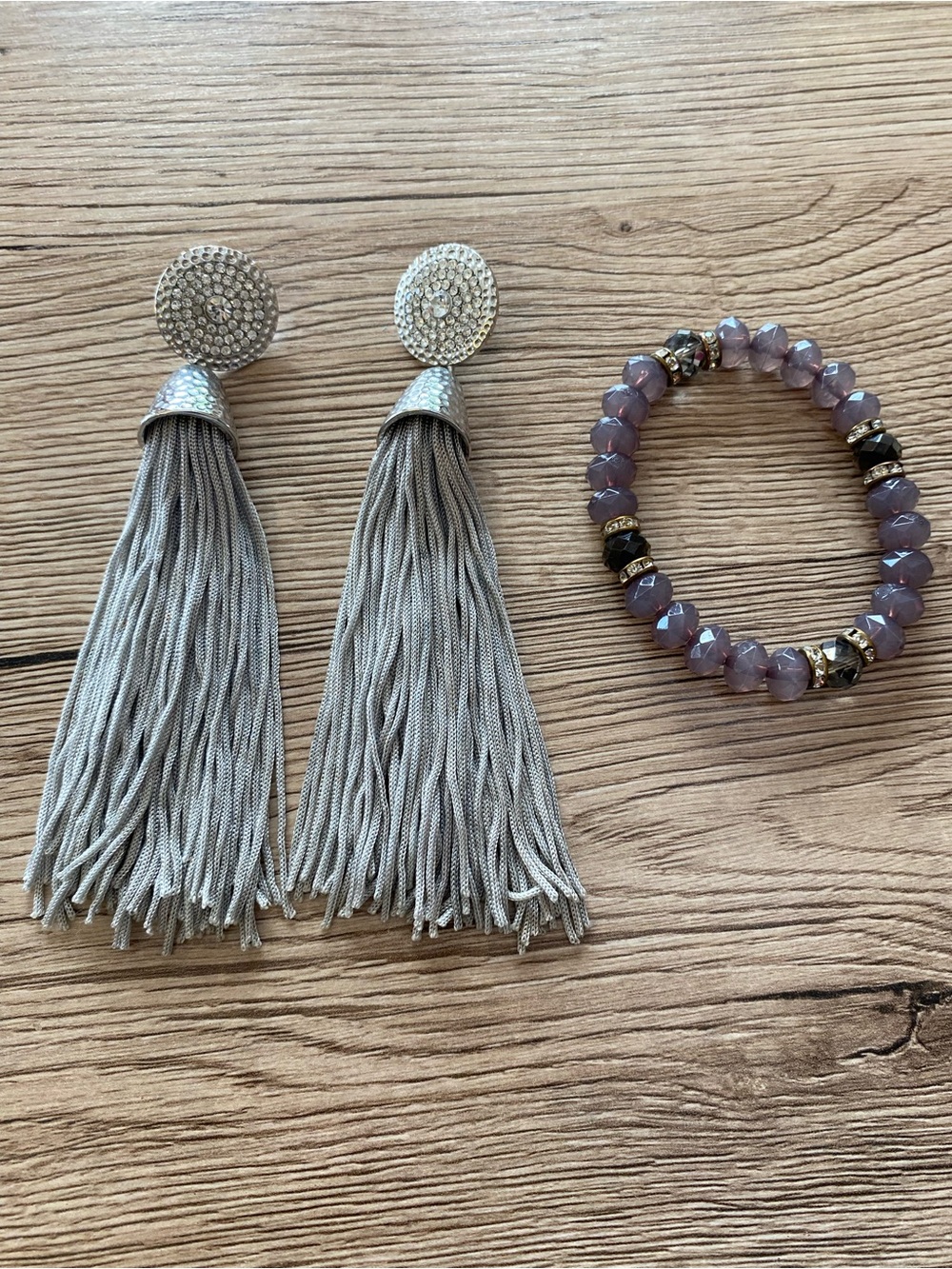 Gray Tassel Drop Earrings with Rhinestone Studs